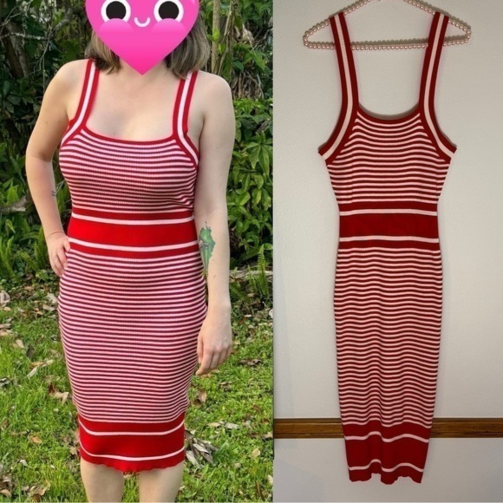 Red and white ribbed stripped midi dress size L